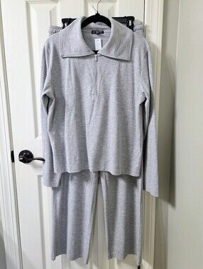 NWT J. Crew Womens Matching Set Gray Soft Rib Quarter Zip Sweater/Wide Leg Pants